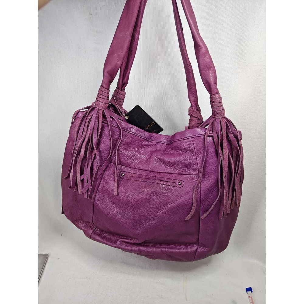 B. Makowsky Cabernet Purple Leather Fringe Tote Bag Hobo Purse NWT A212792 - Picture 2 of 16